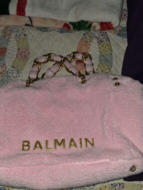 Balmain Pink Bouclé Tote with Gold Chain Handles